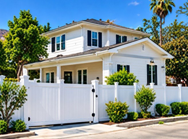 White two-story Los Angeles home with a white vinyl privacy fence and gate