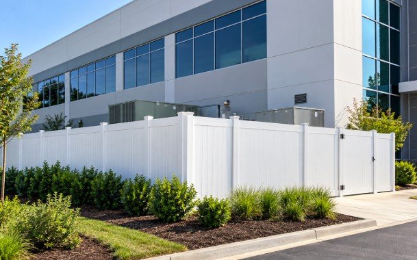 White vinyl privacy fence screening HVAC equipment beside an office building