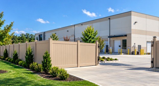 Tan vinyl privacy fence and gate along a commercial warehouse property