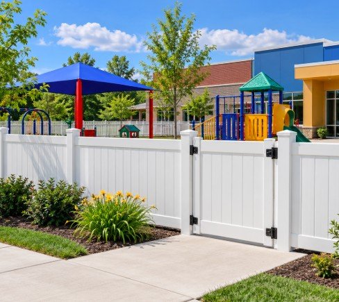 White vinyl fence and gate around a school playground