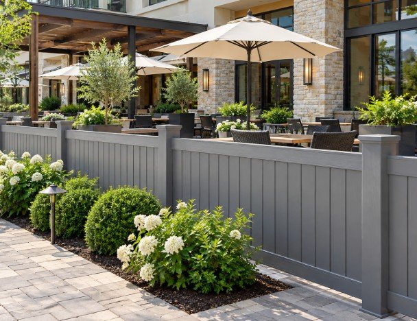 Gray vinyl fence around a restaurant outdoor dining patio