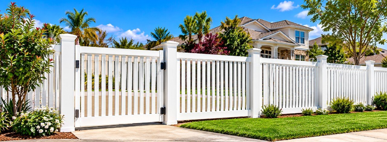 White vinyl picket fence with a walk gate