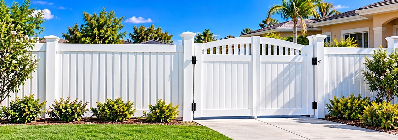 White vinyl privacy fence with an arched driveway gate