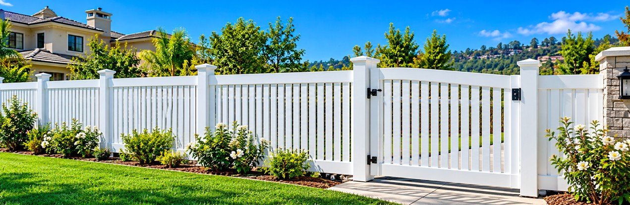 New white vinyl fence and gate installed as a replacement