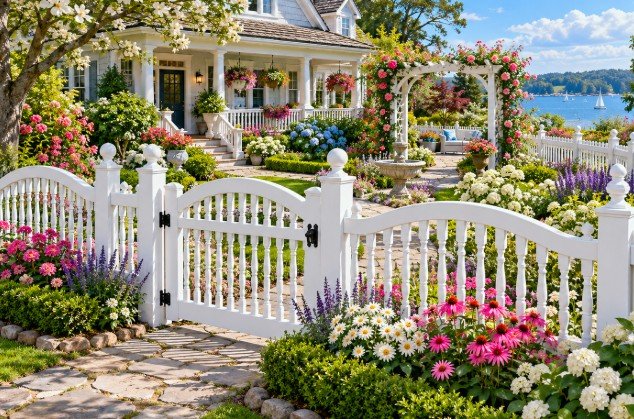 White arched vinyl picket fence and gate with ball post caps in a front garden