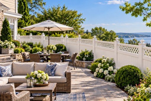 White lattice-top vinyl fence around a backyard patio with a lake view