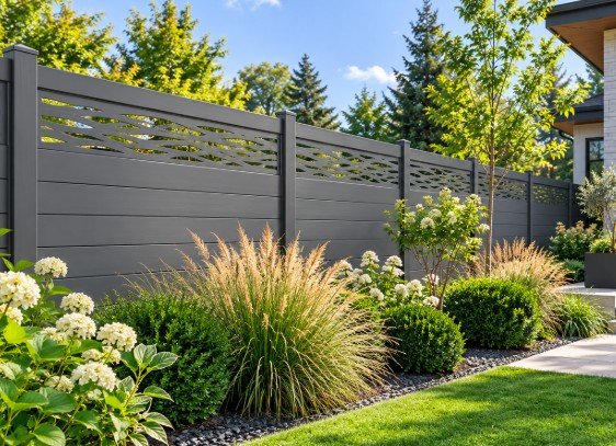 Dark gray horizontal vinyl fence with geometric decorative top panels