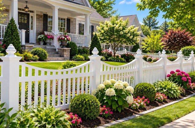 White scalloped vinyl picket fence with decorative post caps in a front yard