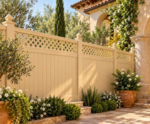 Tan vinyl privacy fence with lattice top beside a Mediterranean-style home