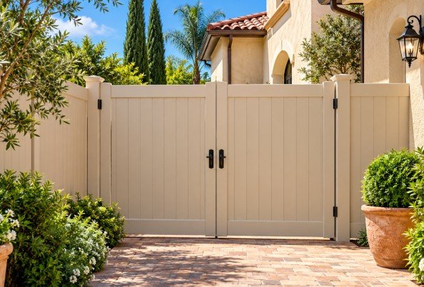 Tan vinyl double gate with black handles between stucco walls
