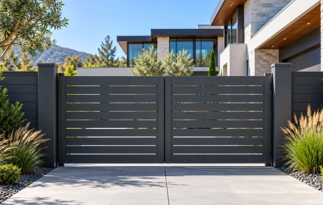Modern black horizontal vinyl driveway gate in front of a contemporary home