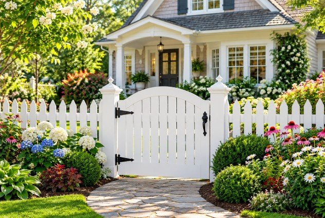 White arched vinyl picket garden gate opening onto a stone path