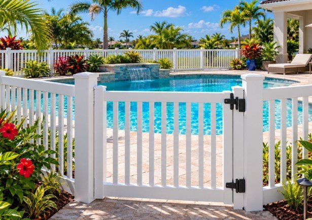 White vinyl pool gate with self-closing hinges and latch beside a swimming pool
