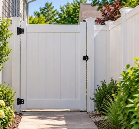 White vinyl privacy walk gate in a side yard fence