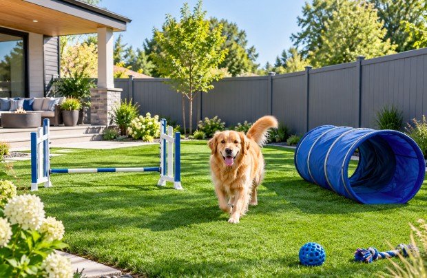 Golden retriever in a backyard with a tall gray vinyl privacy fence