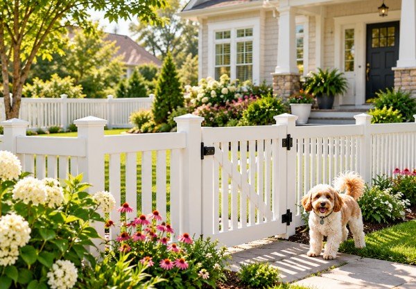 Small dog beside a white vinyl picket fence and gate in a front yard