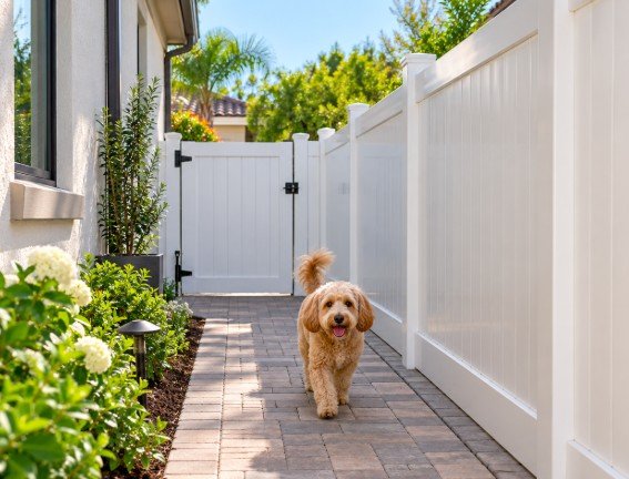 Dog walking along a side yard dog run with white vinyl privacy fence and gate