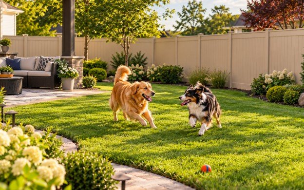 Two dogs playing in a backyard enclosed by a tan vinyl privacy fence