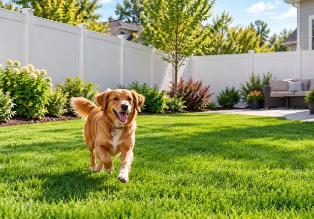 Happy dog running in a backyard enclosed by a white vinyl privacy fence