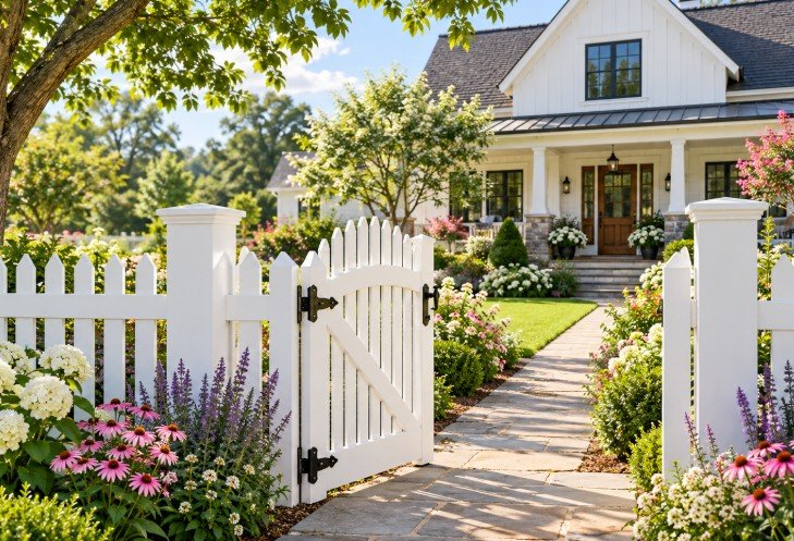 White vinyl picket garden gate opening onto a stone walkway