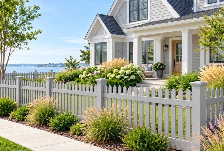 Gray vinyl picket fence in front of a coastal home