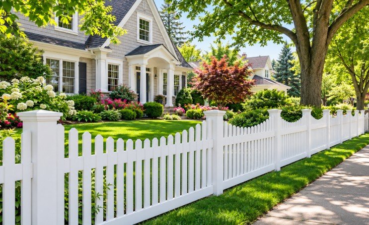 White scalloped vinyl picket fence along a sidewalk and front lawn