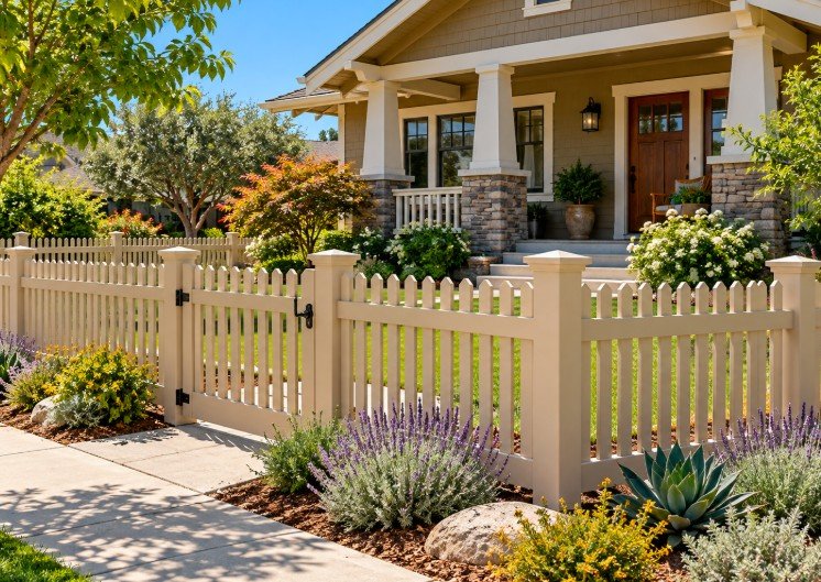 Tan vinyl picket fence with a gate in front of a craftsman home