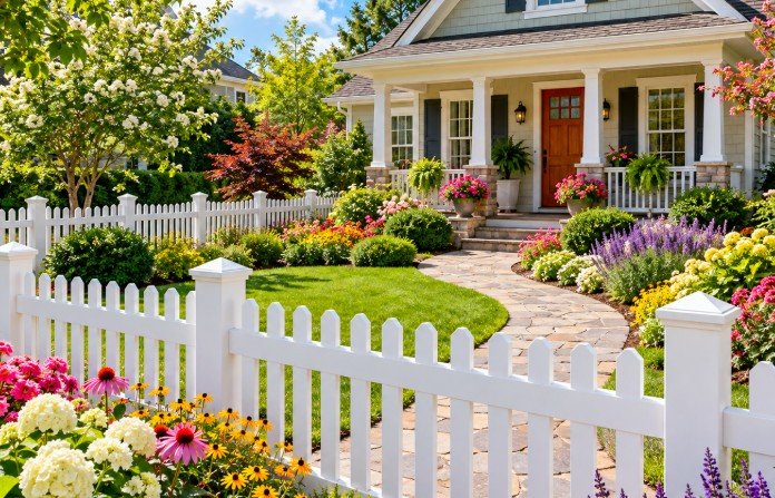 White traditional vinyl picket fence in front of a home with flower gardens