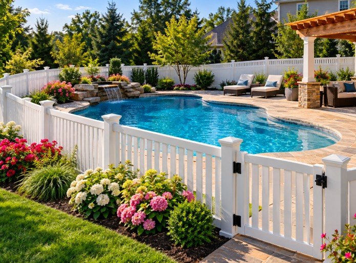 White vinyl pool gate with self-closing hinges and latch beside a freeform pool