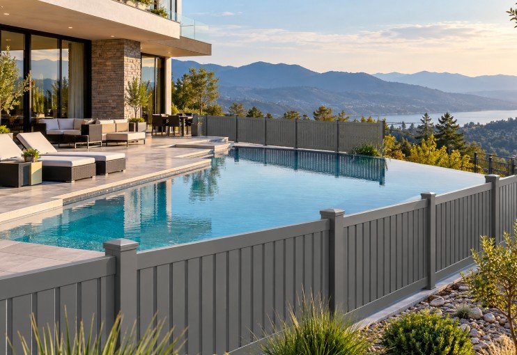 Gray vinyl privacy fence around a modern infinity pool with hillside views