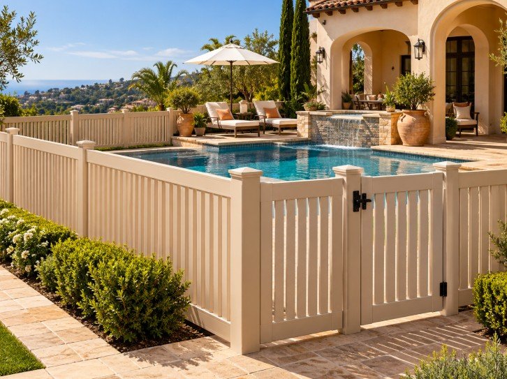 Tan semi-privacy vinyl pool fence with gate around a Mediterranean-style pool