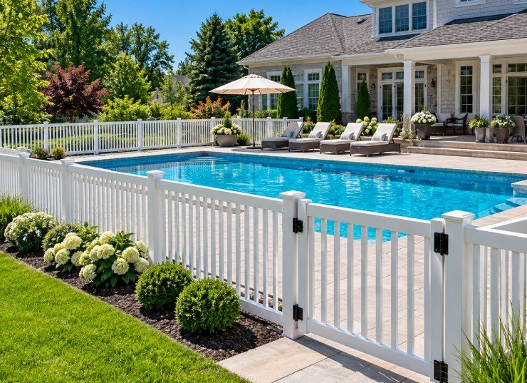 White vinyl picket pool fence with gate around a rectangular swimming pool