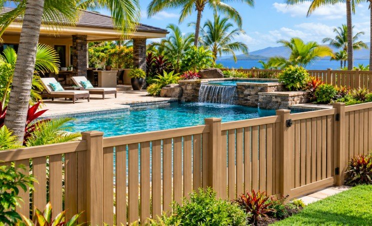 Wood-look vinyl pool fence around a tropical swimming pool with a waterfall
