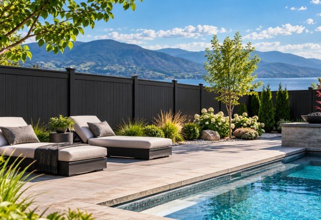 Black vinyl privacy fence around a modern pool deck