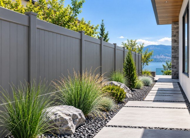 Gray vinyl privacy fence along a modern side yard walkway