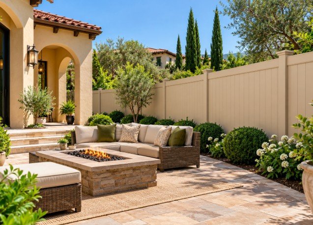 Tan vinyl privacy fence around a patio with a fire pit