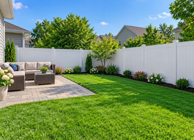 White full privacy vinyl fence around a backyard lawn and patio