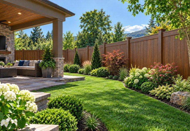 Wood-look vinyl privacy fence around a landscaped backyard
