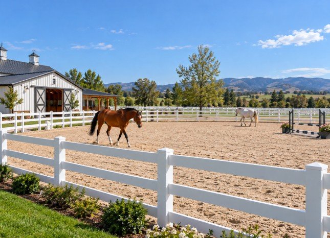 White vinyl horse fence around a riding arena next to a barn