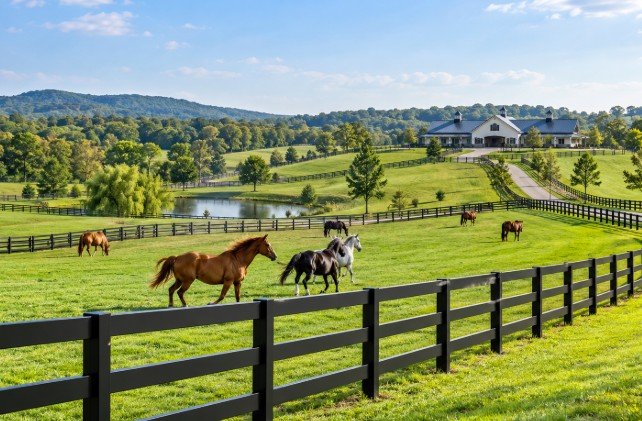 Black 4-rail vinyl fence around rolling horse pastures