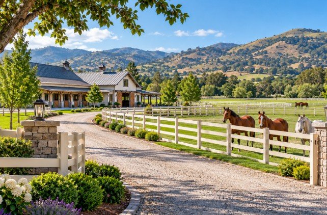 White vinyl ranch fence lining a long driveway to a ranch house with stone pillars