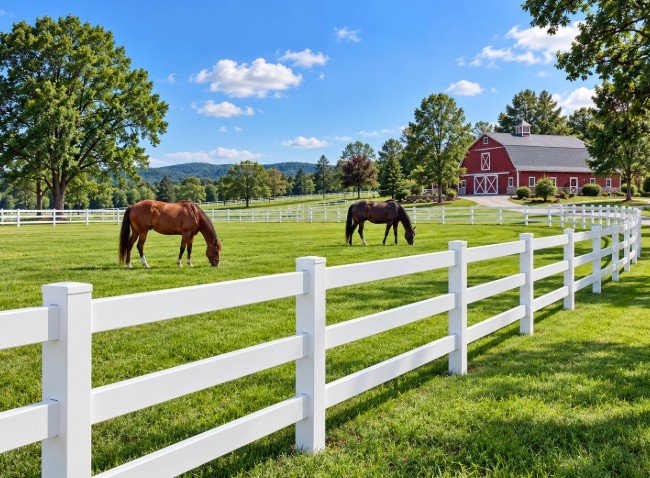 White 3-rail vinyl ranch fence around a green pasture with horses and a red barn