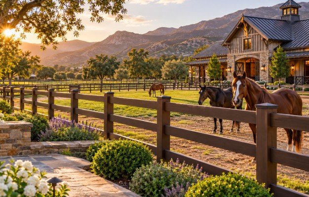 Wood-look vinyl ranch fence around a paddock with horses at sunset