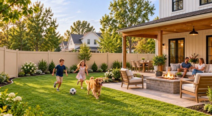 Family playing in a backyard enclosed by a tan vinyl privacy fence