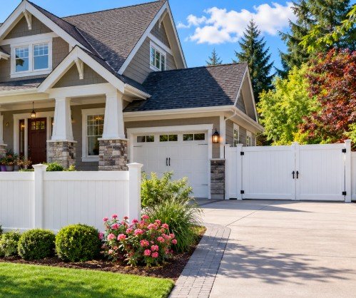 White vinyl privacy fence and double gate beside a home driveway