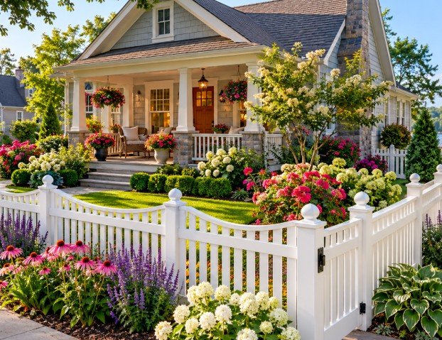 White vinyl picket fence with gate in front of a craftsman home with flower gardens