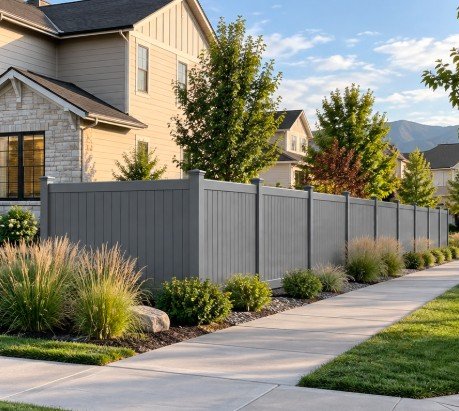 Gray vinyl privacy fence along a sidewalk on a corner lot