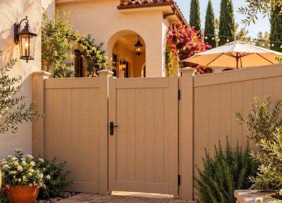 Tan vinyl privacy fence and walk gate in the side yard of a Spanish-style home