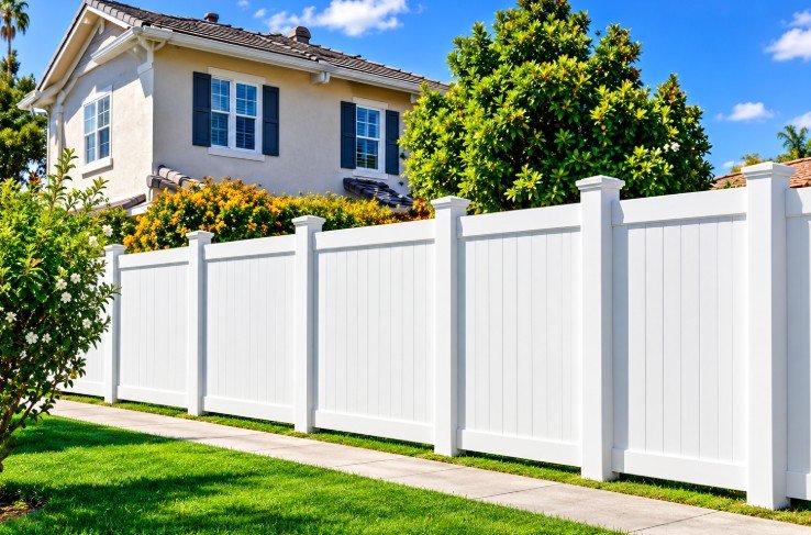 White vinyl privacy fence installed along a Los Angeles home