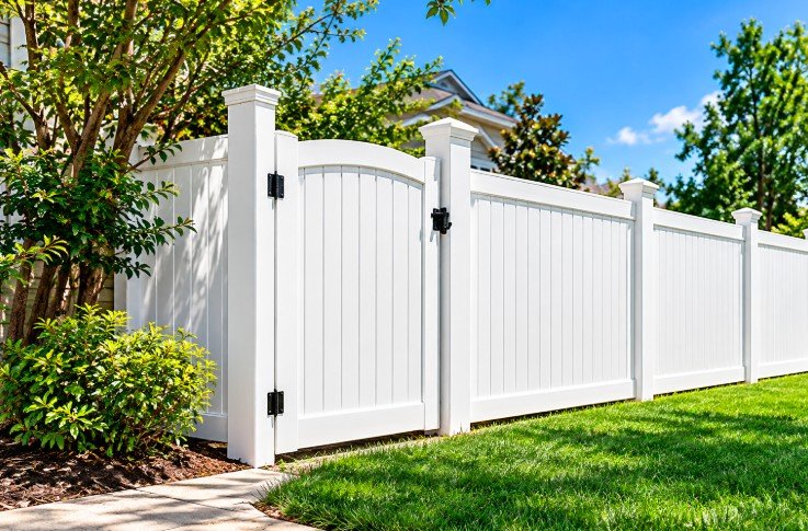 New white vinyl fence and gate installed as a fence replacement